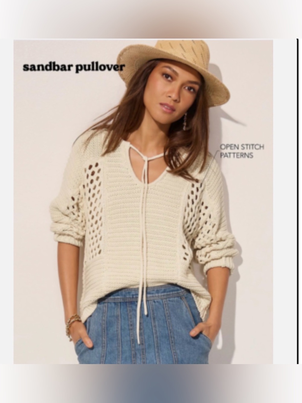 Cabi 6596 SANDBAR Pullover Cream Open Knit Slouchy Tie Front Sweater - Picture 2 of 15